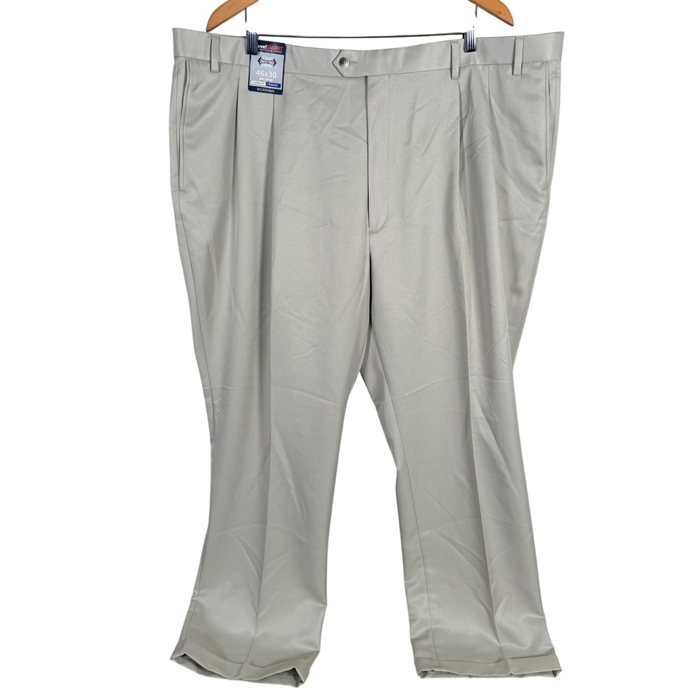 Roundtree & Yorke TravelSmart Pleated Dress Pants Mens 46x30 Beige Cuffed NEW
